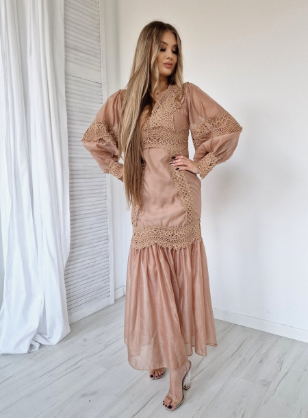 Sukienka Maxi Gipiura MOCHY 8963 Beżowa