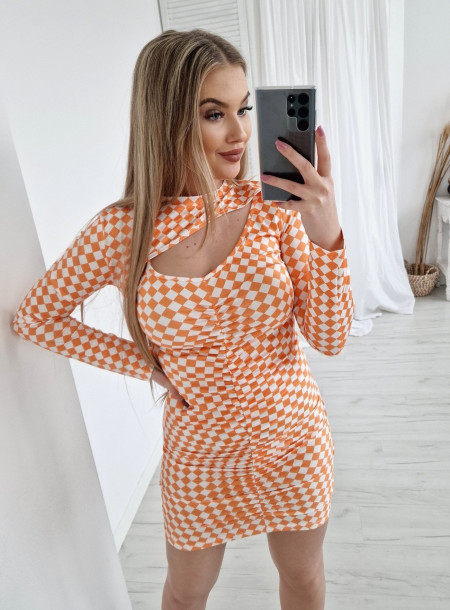 Sukienka Wzór Szachownica Mochy 9680 Pomarańczowa