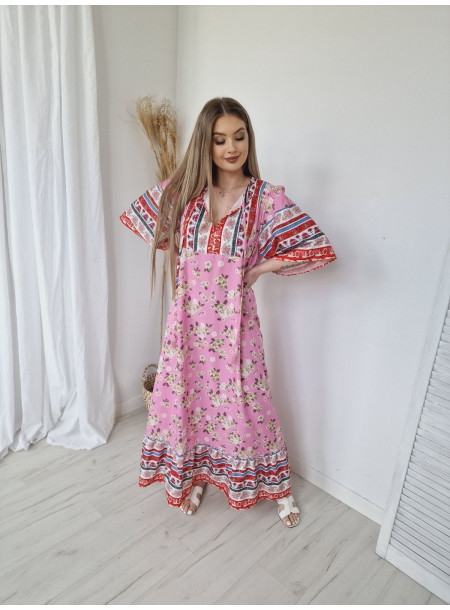 Sukienka maxi boho DF032 różowa