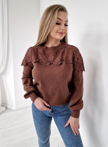 Sweter z koronką K223 brązowy