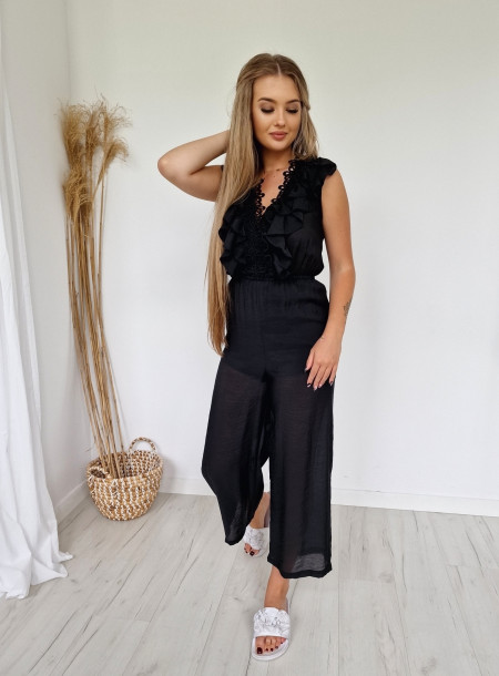 Wiskozowy kombinezon z szeroką nogawką 33569 czarny