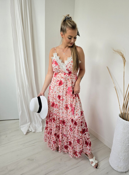 Sukienka maxi gipiura 19596 różowa